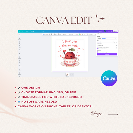 Canva editing software interface with a design of a cherry and cup on a white background.