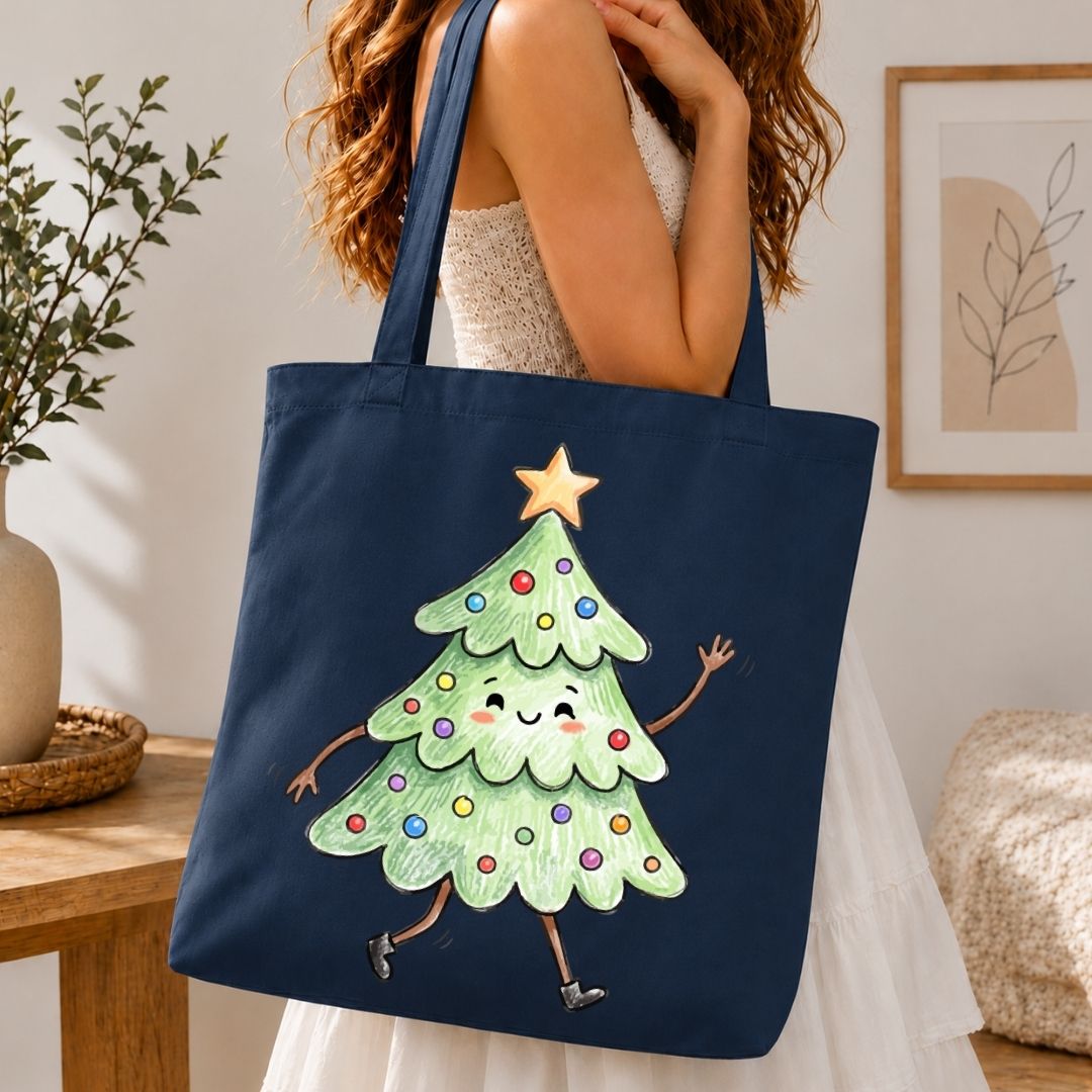 A navy blue canvas tote bag with a cartoon Christmas tree graphic, carried by a woman in a white dress in a cozy indoor setting.