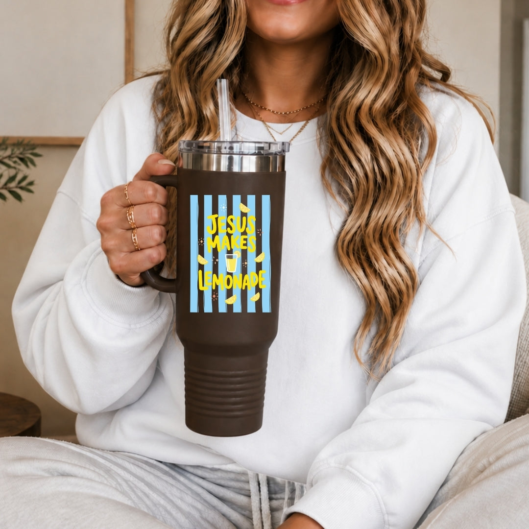 Faithful Jesus Makes Lemonade PNG | Striped Travel Tumbler Cup Sublimation File