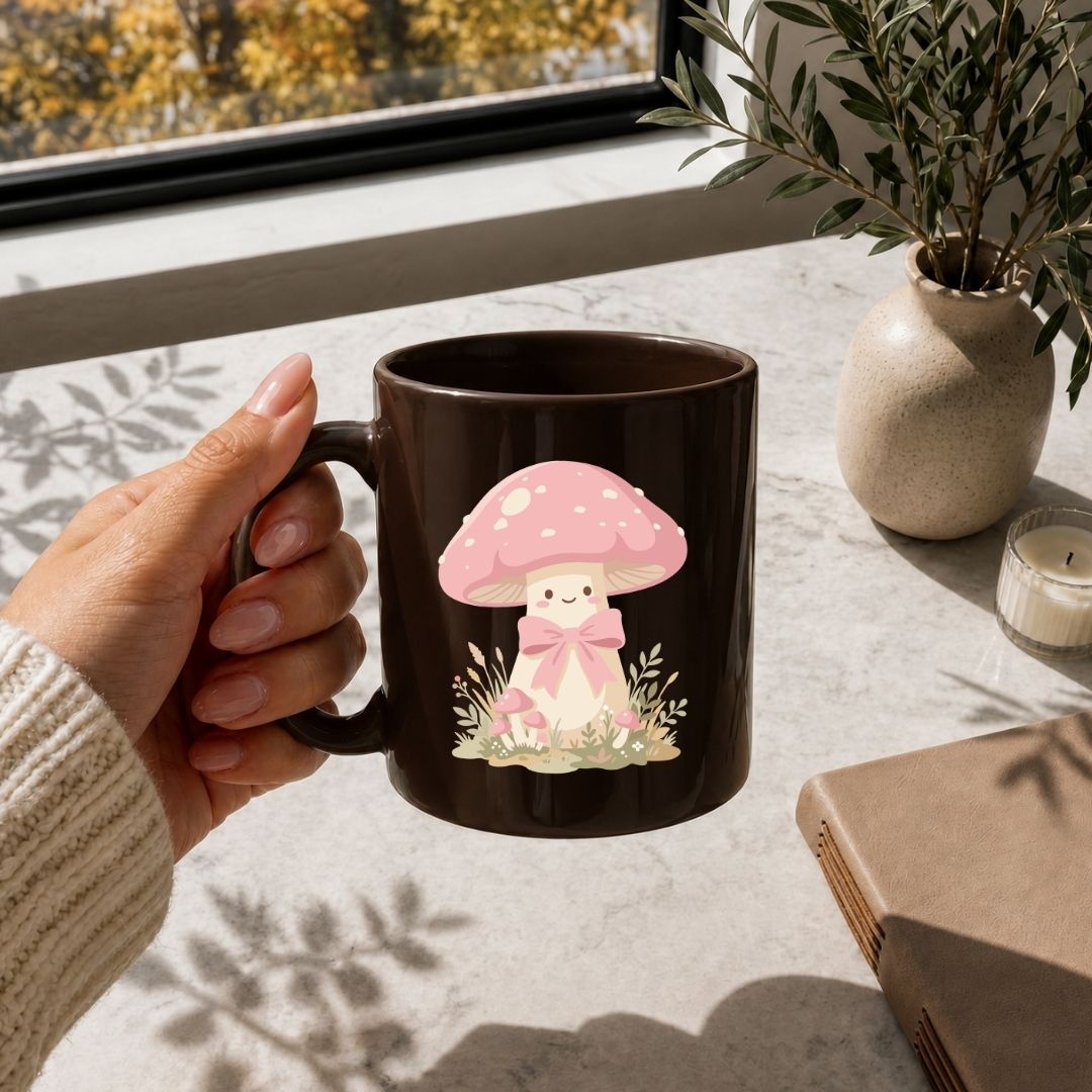Person holding a mug with a pink mushroom design on a table with a window and plant in the background
