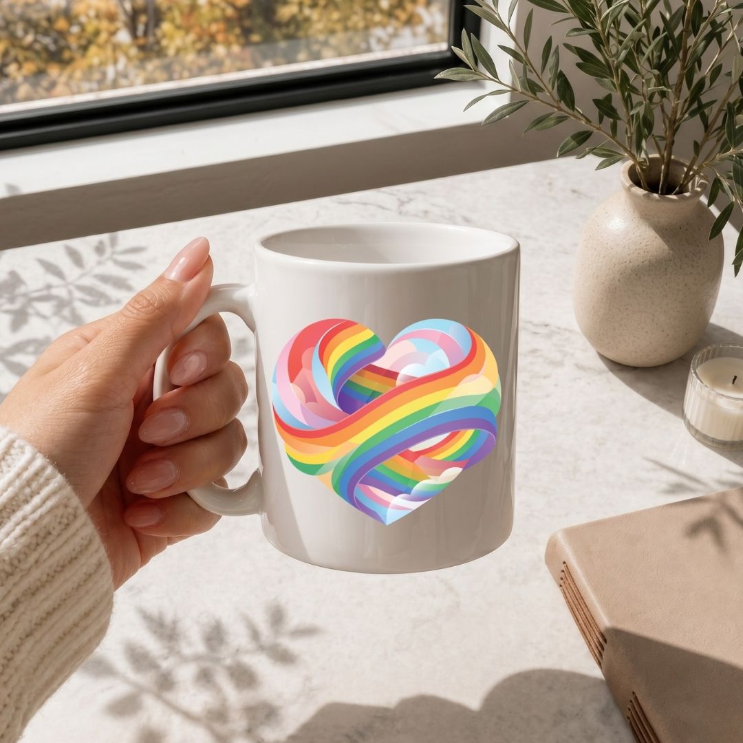 Hand holding a mug with a colorful heart design on a table with a window and plant in the background