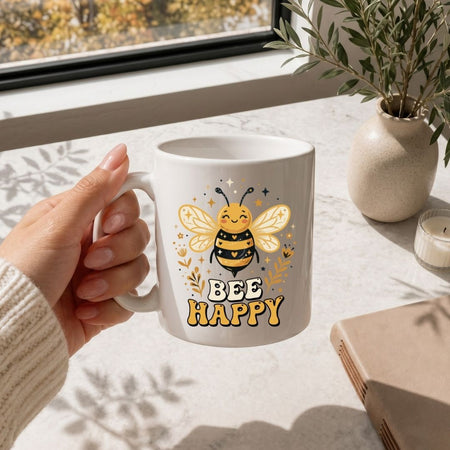 Hand holding a mug with a bee design and 'Bee Happy' text on a light surface with a window and plant in the background.