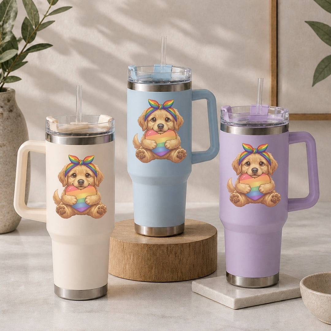Three insulated travel mugs with a cute dog design on a neutral background