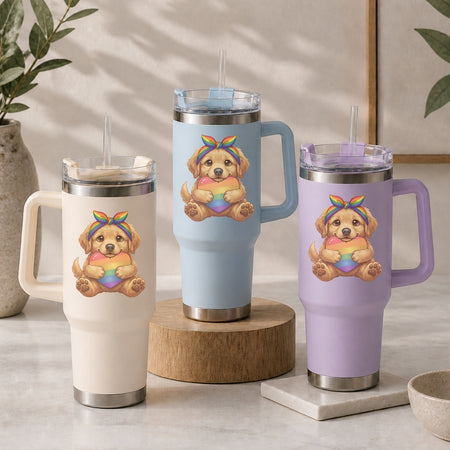 Three insulated travel mugs with a cute dog design on a neutral background