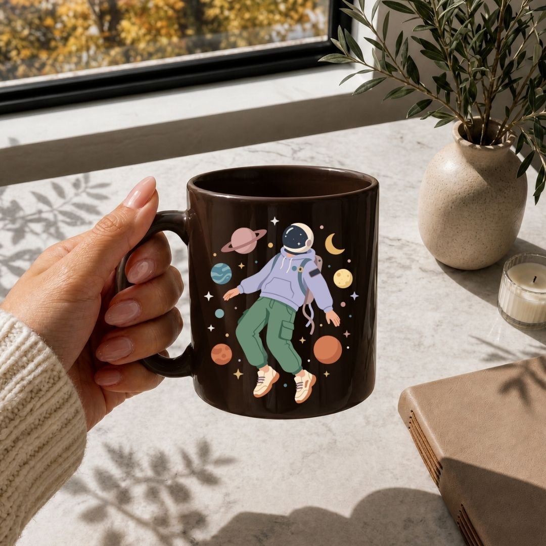 Person holding a mug with an astronaut design on a table with a notebook and candle.