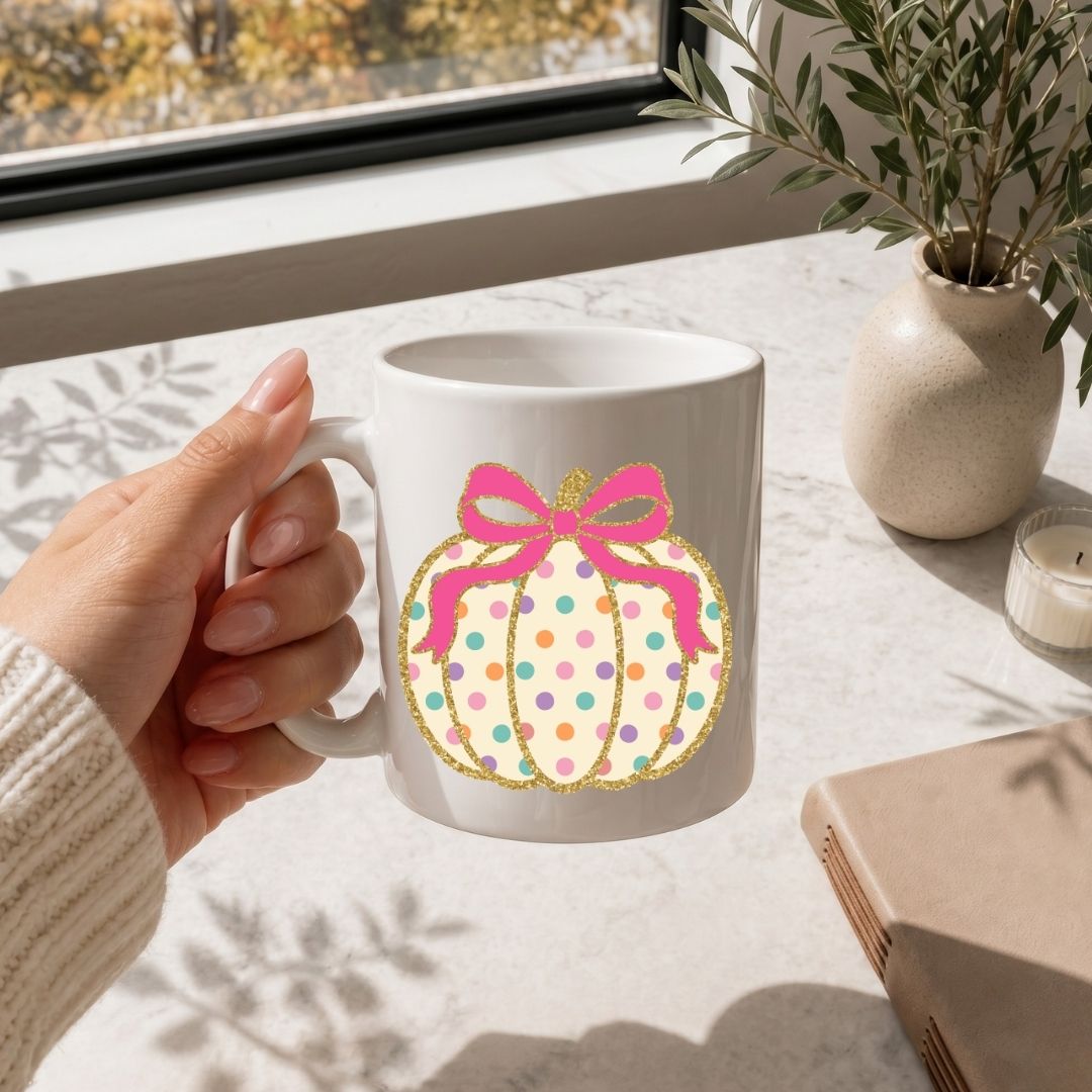 A hand holds a white ceramic mug featuring a pumpkin graphic with pastel polka dots, a pink bow, and gold glitter outlines, set on a light marble countertop near a window.