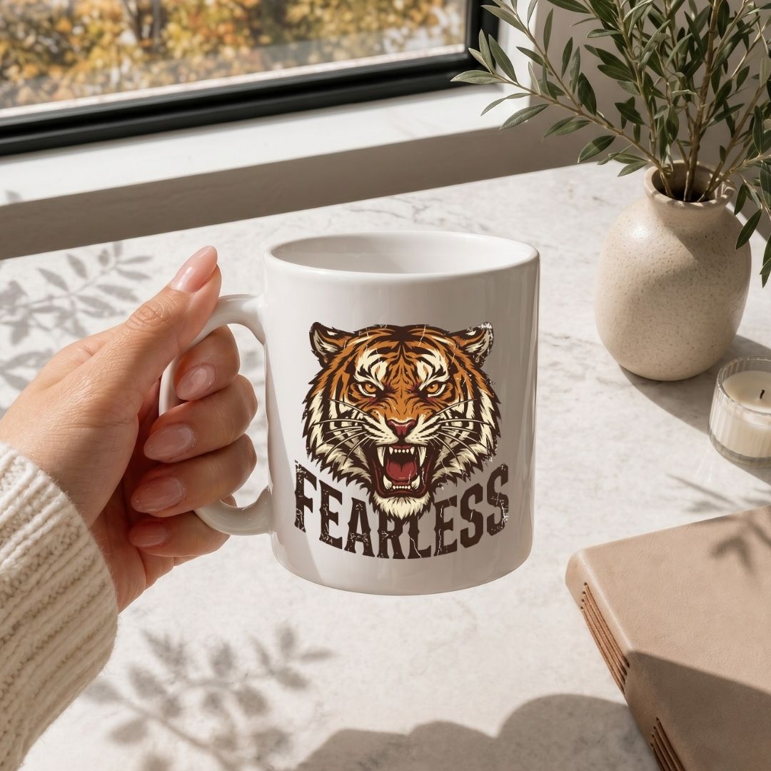 Hand holding a mug with a tiger design and 'Fearless' text on a light surface.