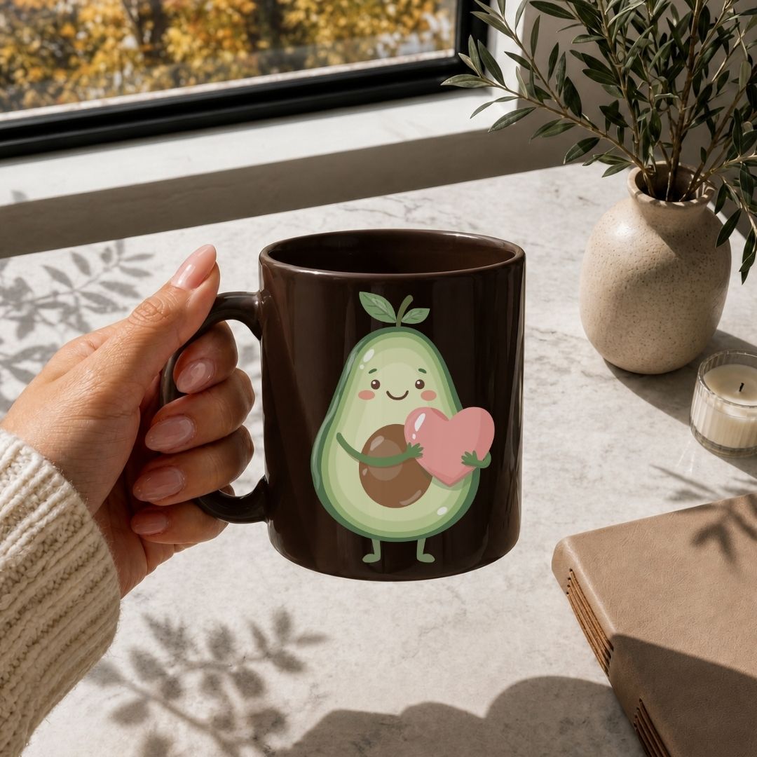Person holding a brown mug with an avocado design, sitting at a table with a window and plant in the background.