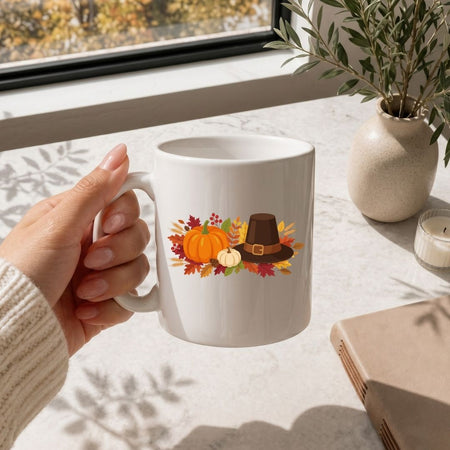 White mug with autumn-themed design held by a hand on a table with a window and plant in the background.