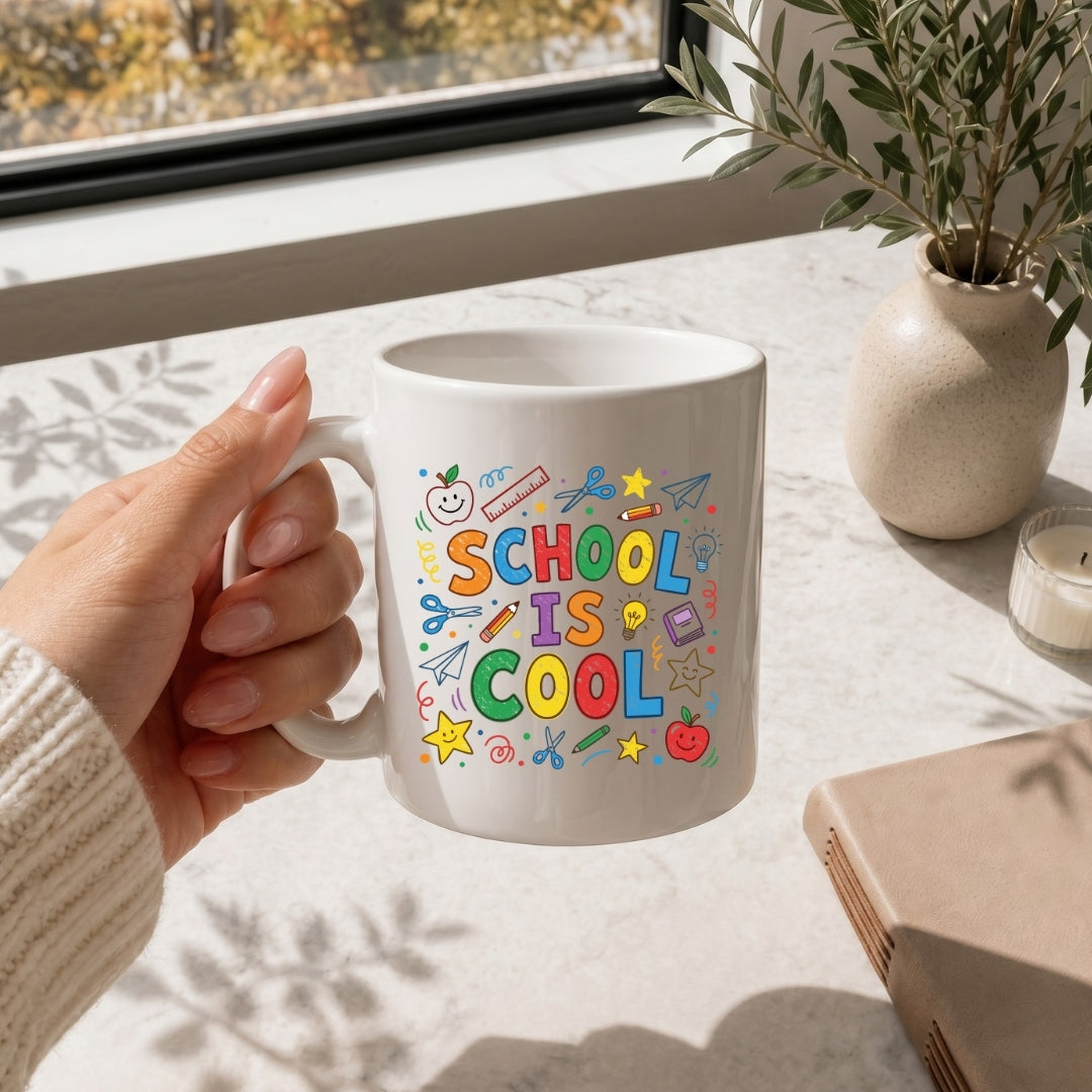 Hand holding a mug with 'School is Cool' text on a desk with a window and plant in the background