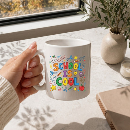 Hand holding a mug with 'School is Cool' text on a desk with a window and plant in the background