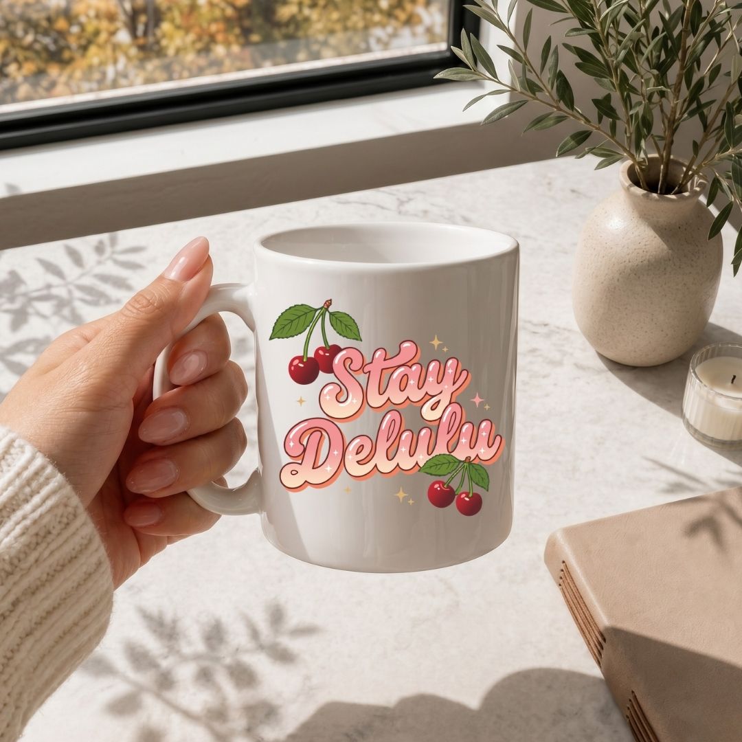 Hand holding a mug with 'Stay Deluluv' text and cherries on a light surface with a window and plant in the background.