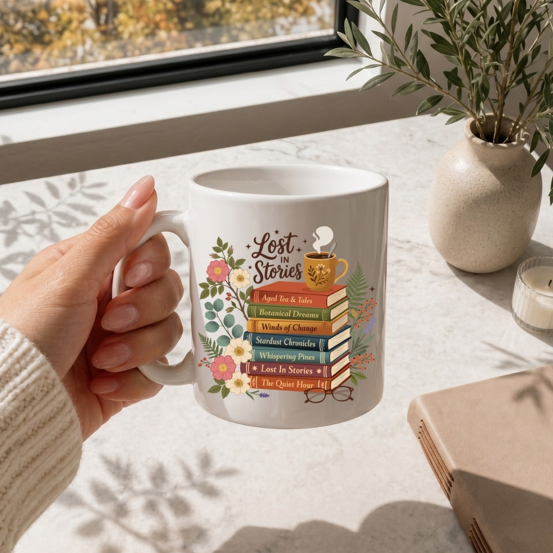 Person holding a mug with book-themed design on a table with a window and plant in the background