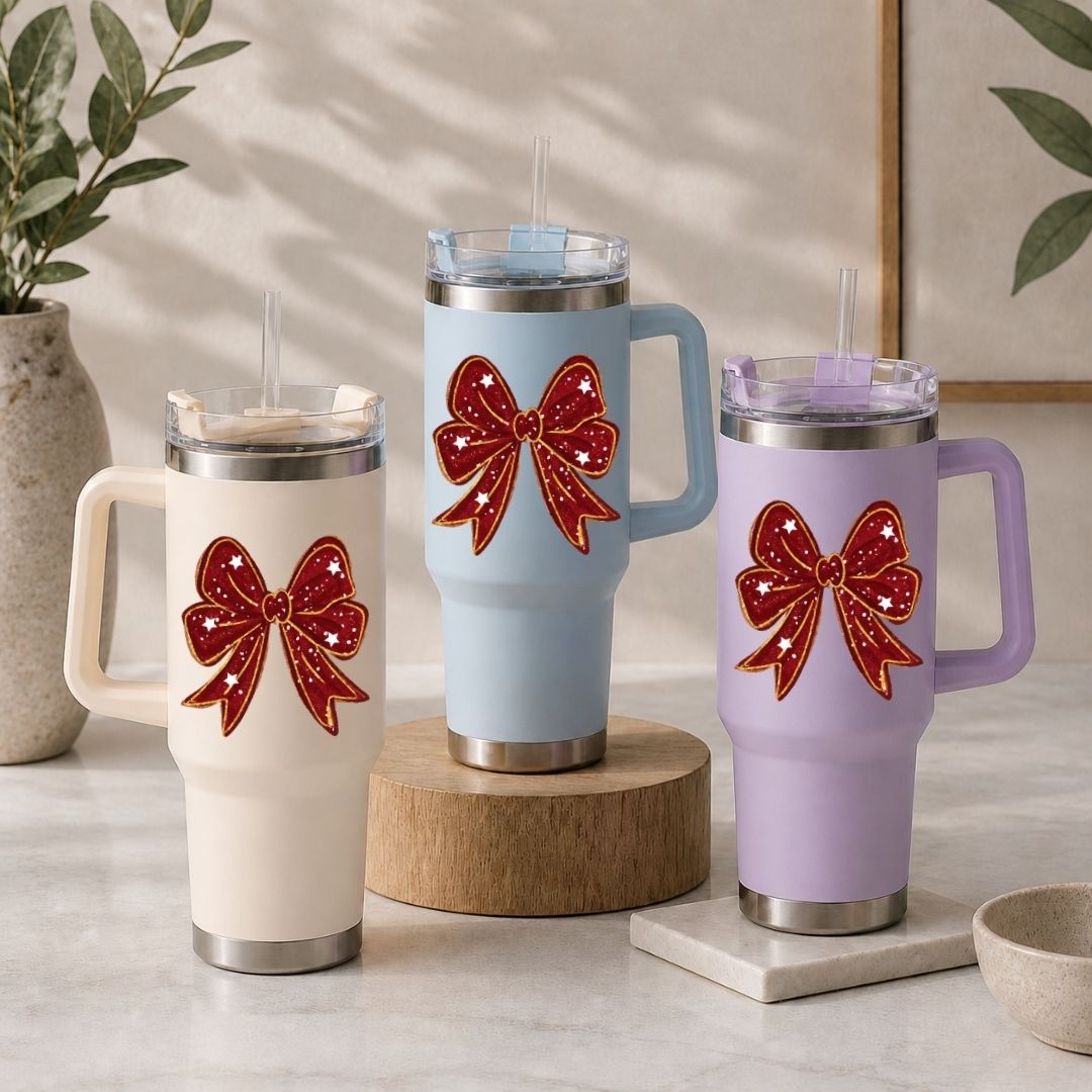 Three insulated mugs with red bow designs on a neutral background