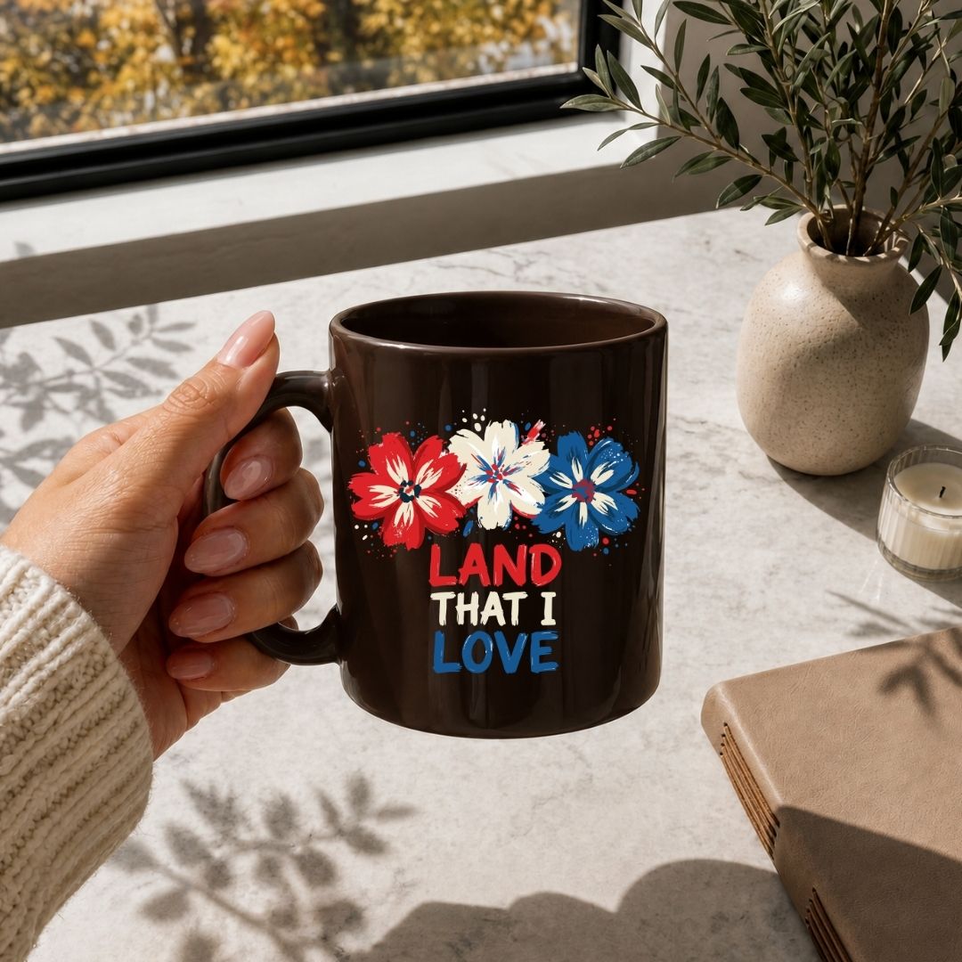 Person holding a mug with floral design and 'Land That I Love' text on a table with a notebook and candle.