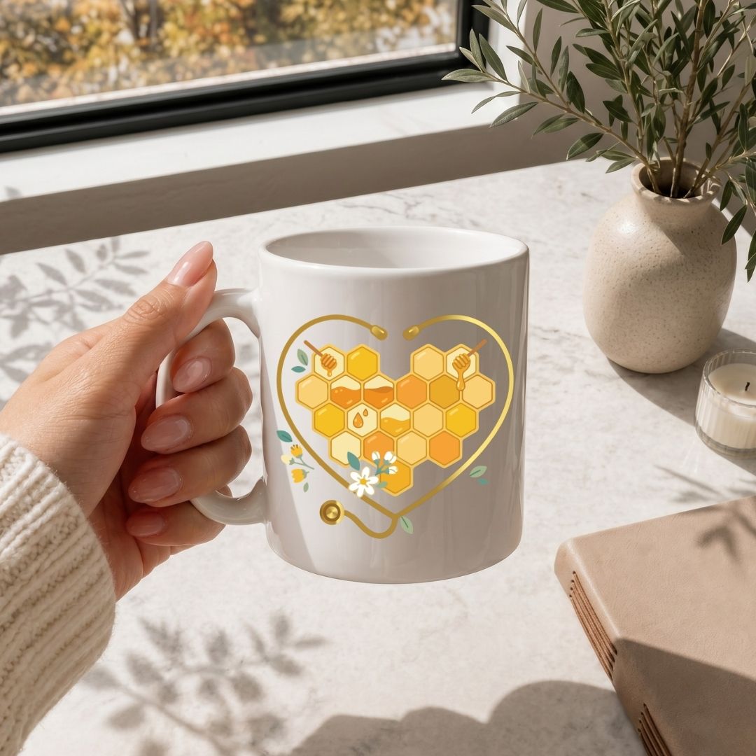 Hand holding a mug with a honeycomb design on a table with a notebook and plant.