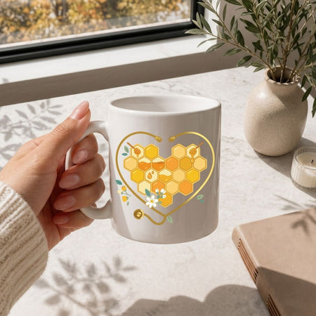 Hand holding a mug with a honeycomb design on a table with a notebook and plant.