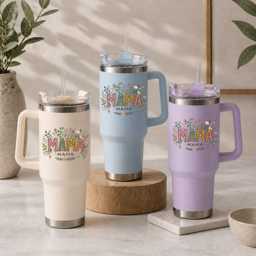 Three insulated mugs with 'MAMA' text on a neutral background