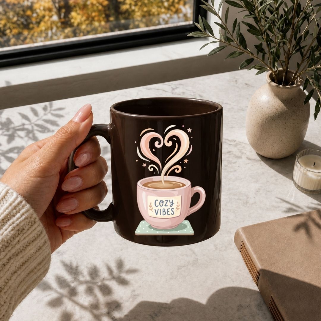 Person holding a mug with a heart and coffee design, sitting at a table with a notebook and candle.