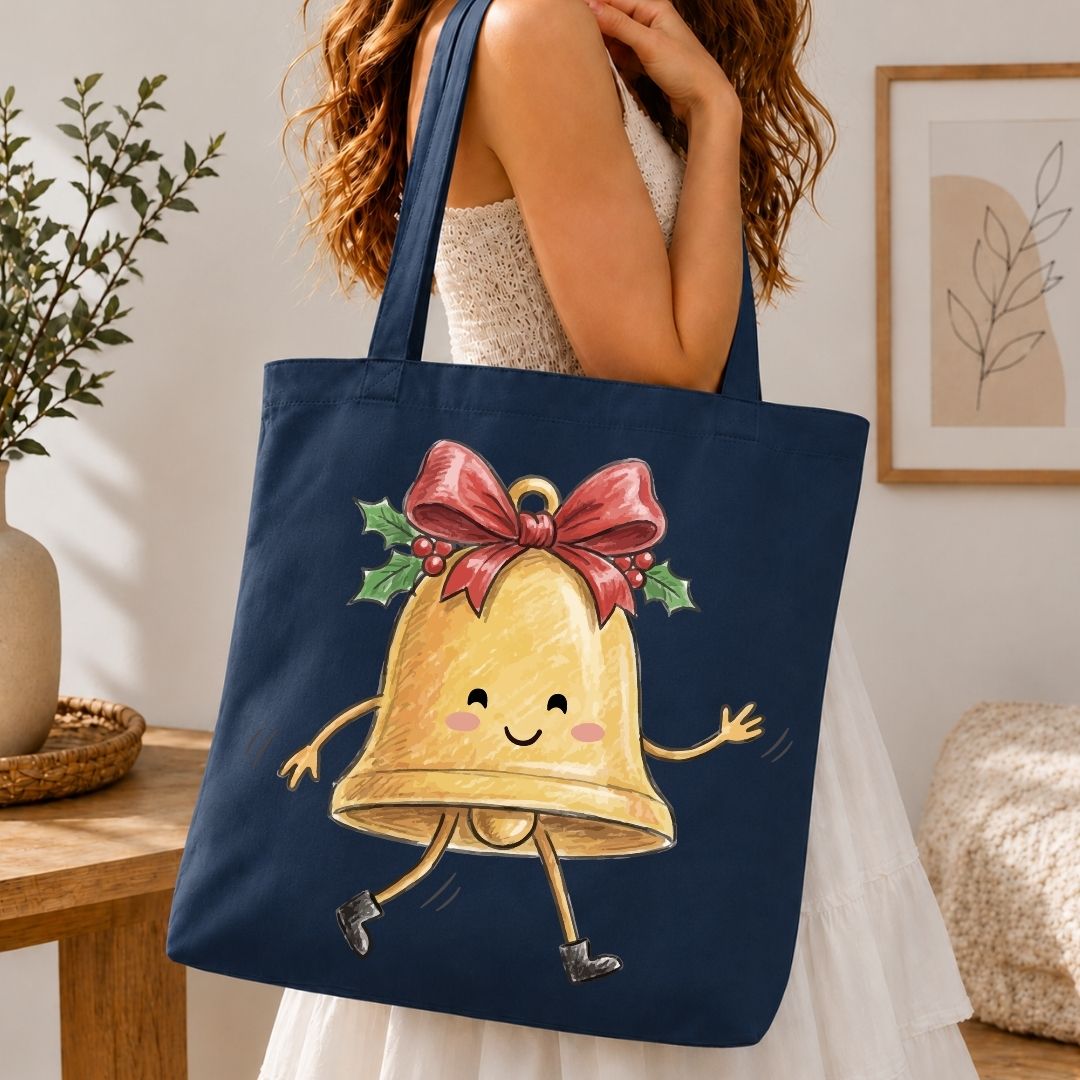 A navy blue canvas tote bag with a cute cartoon Christmas bell graphic, carried by a woman in a white dress in a cozy indoor setting.