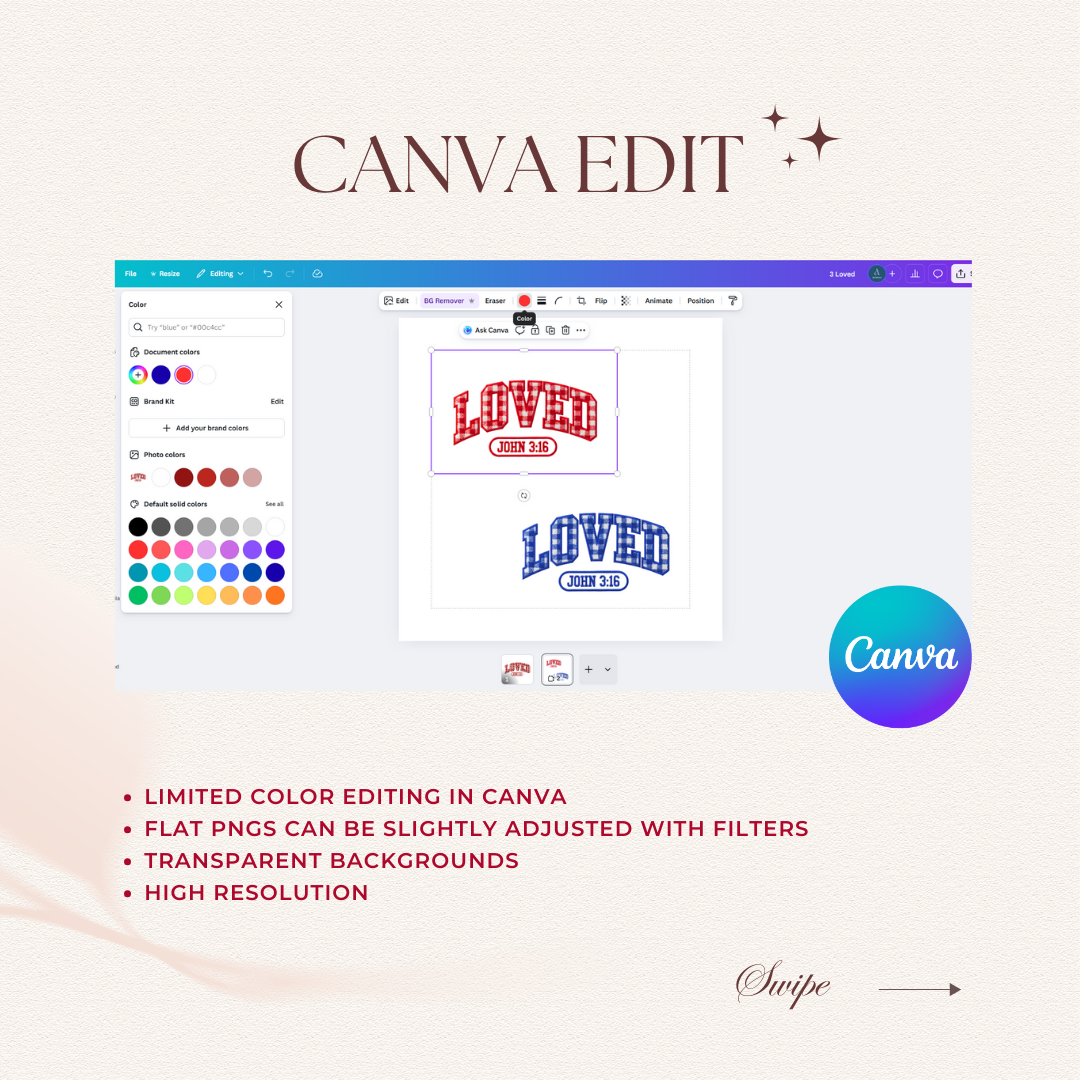 Canva editing software interface with color selection and logo design on a white background