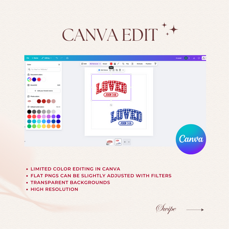 Canva editing software interface with color selection and logo design on a white background