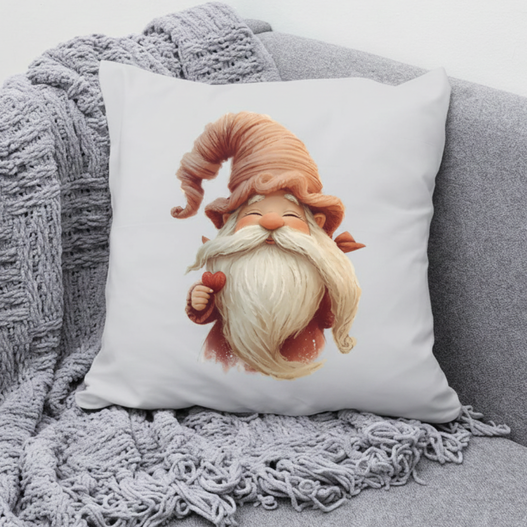 Pillow with a cartoon gnome on a gray couch with a textured blanket.