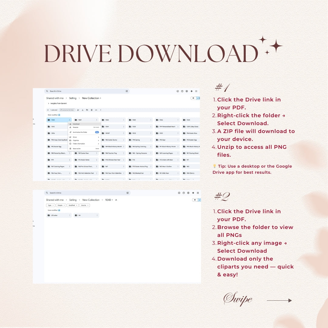 Instructions for downloading images from a Drive on a light pink background