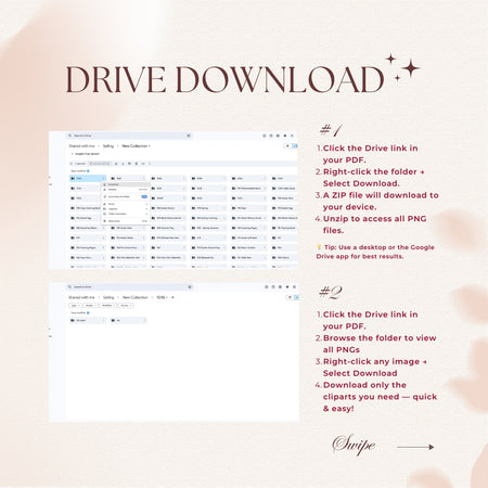 Instructions for downloading images from a Drive on a light pink background