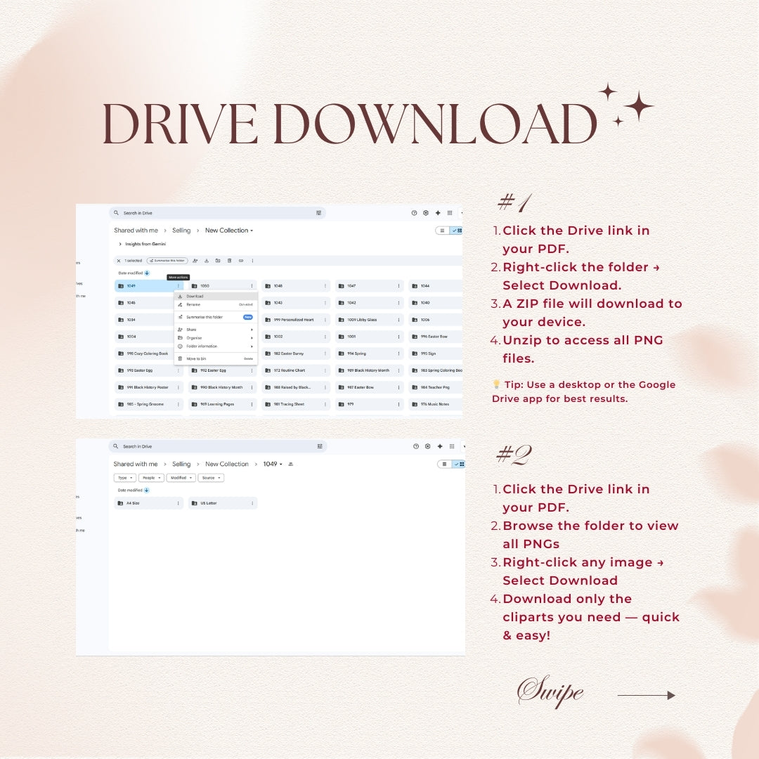 Instructions for downloading and accessing images from a Google Drive link on a light pink background.