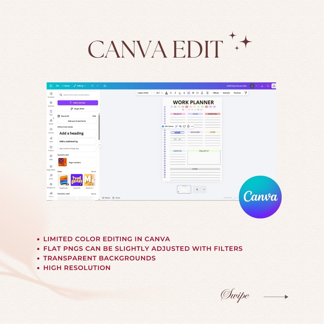 Canva editing software interface with a work planner template on a light background