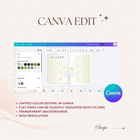 Canva Edit software interface with color palette and design elements on a light background