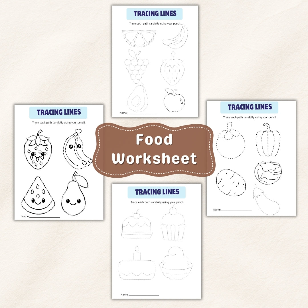 Set of food-themed tracing lines worksheets on a beige background