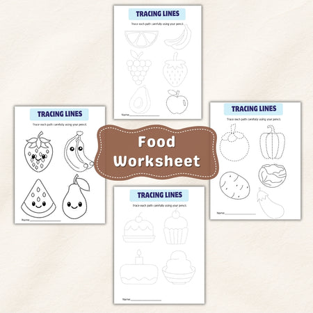 Set of food-themed tracing lines worksheets on a beige background