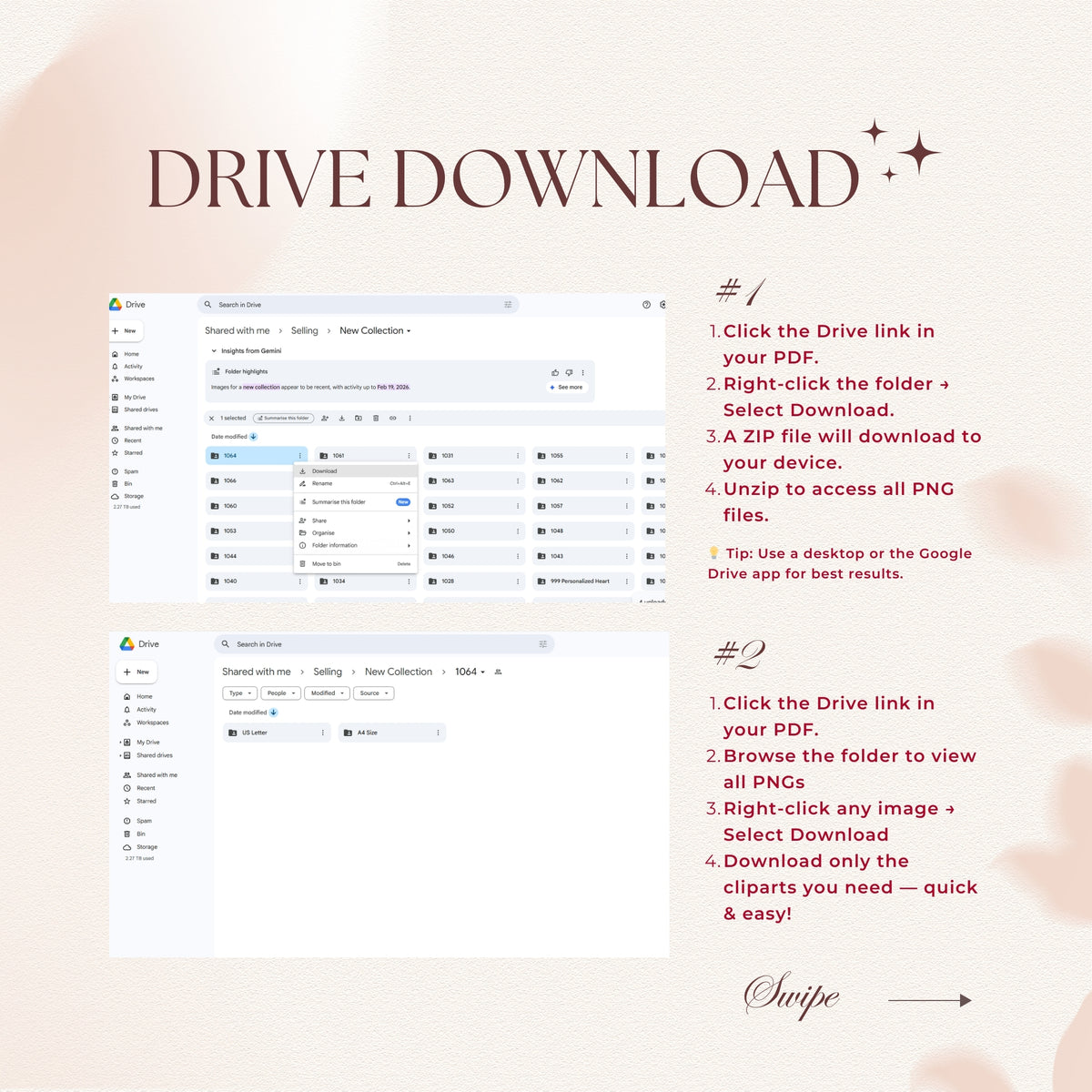 Instructions for downloading files from Google Drive on a light pink background