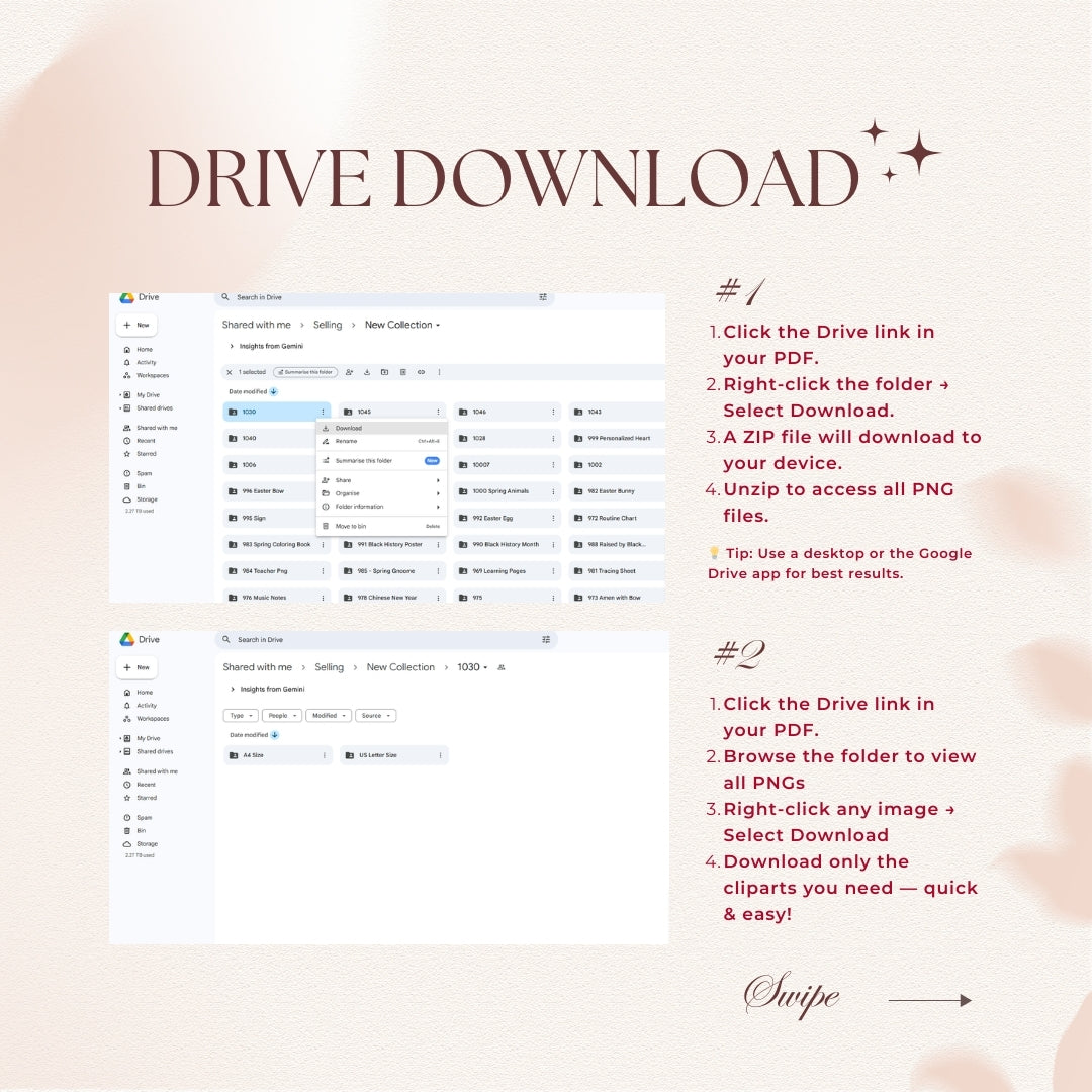 Instructions for downloading files from a Drive interface on a light pink background