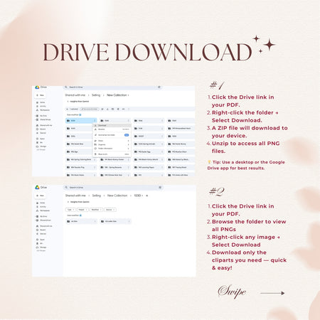 Instructions for downloading files from a Drive interface on a light pink background