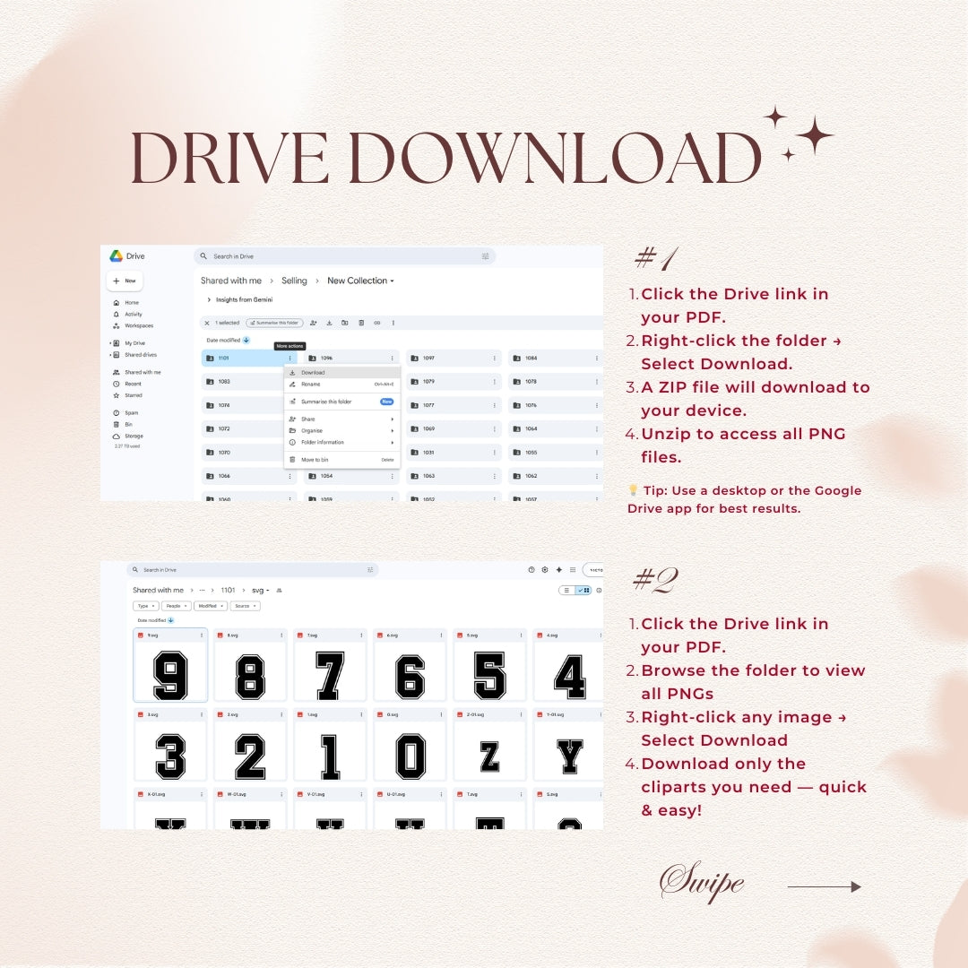 Instructions for downloading and accessing images from Google Drive on a light pink background.