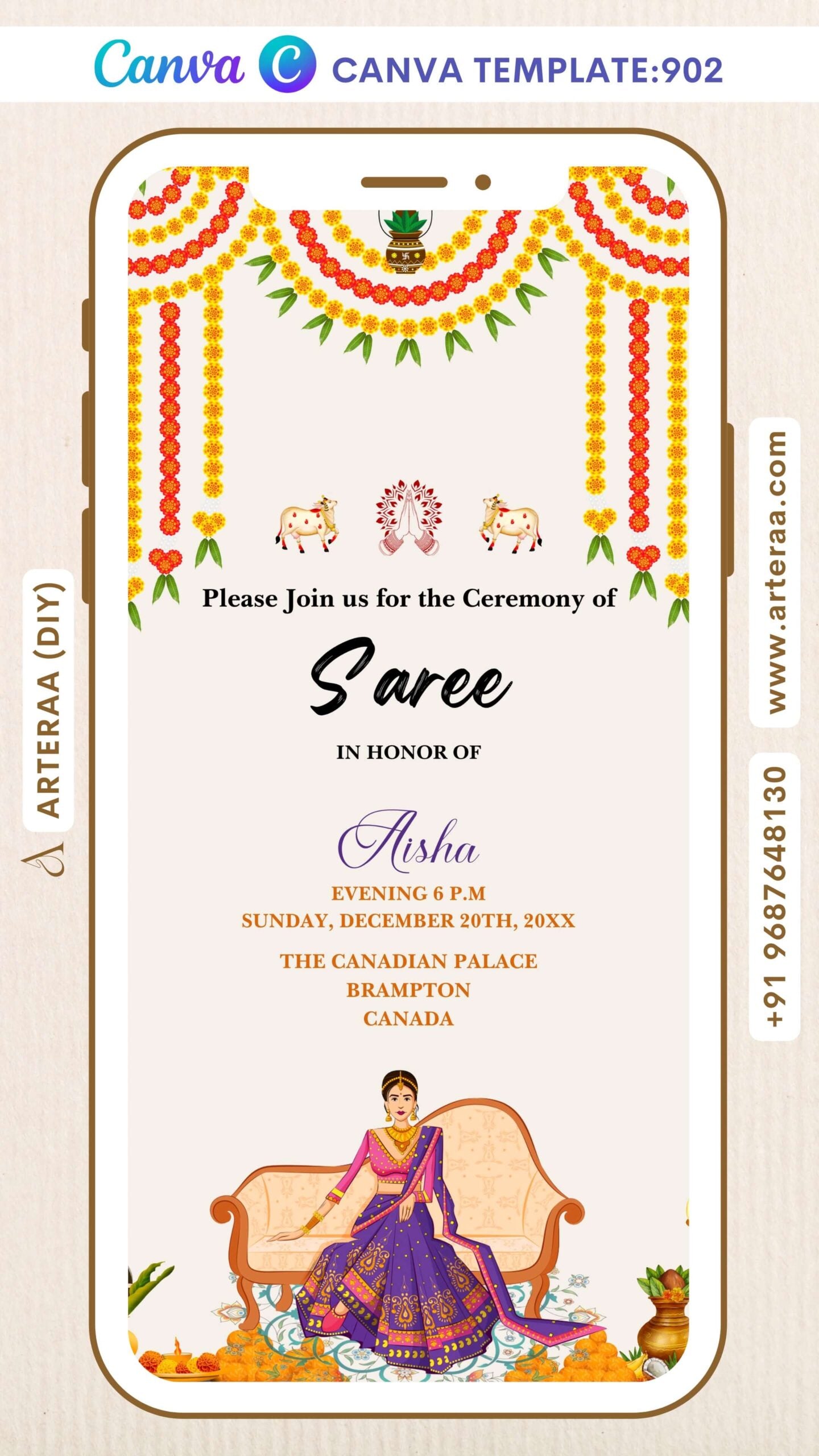 Half Saree ceremony invitation Canva Editable video Template in english language with royal theme design 902