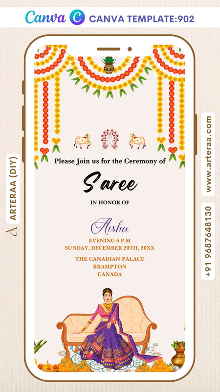 Half Saree ceremony invitation Canva Editable video Template in english language with royal theme design 902