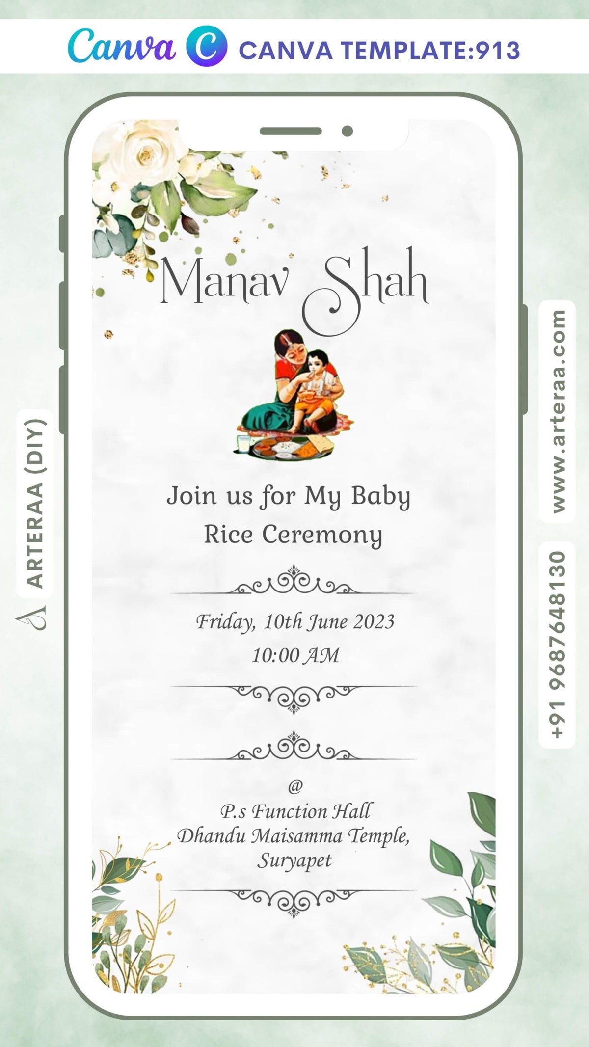 Rice ceremony invitation Canva Editable video Template in english language with leaves as minimalistic theme design 913