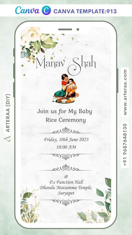 Rice ceremony invitation Canva Editable video Template in english language with leaves as minimalistic theme design 913