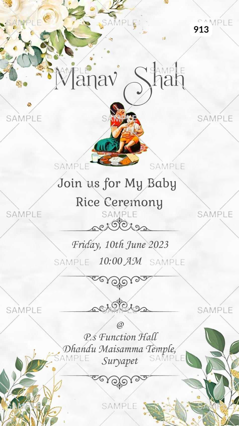 Rice ceremony invitation Canva Editable video Template in english language with leaves as minimalistic theme design 913
