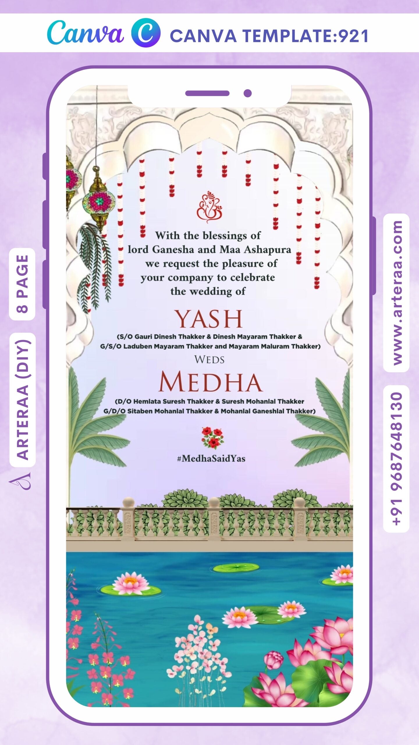 Wedding ceremony invitation Canva Editable video Template of hindu gujarati kathiyawadi family in english language with Arch lake garden view theme design 921