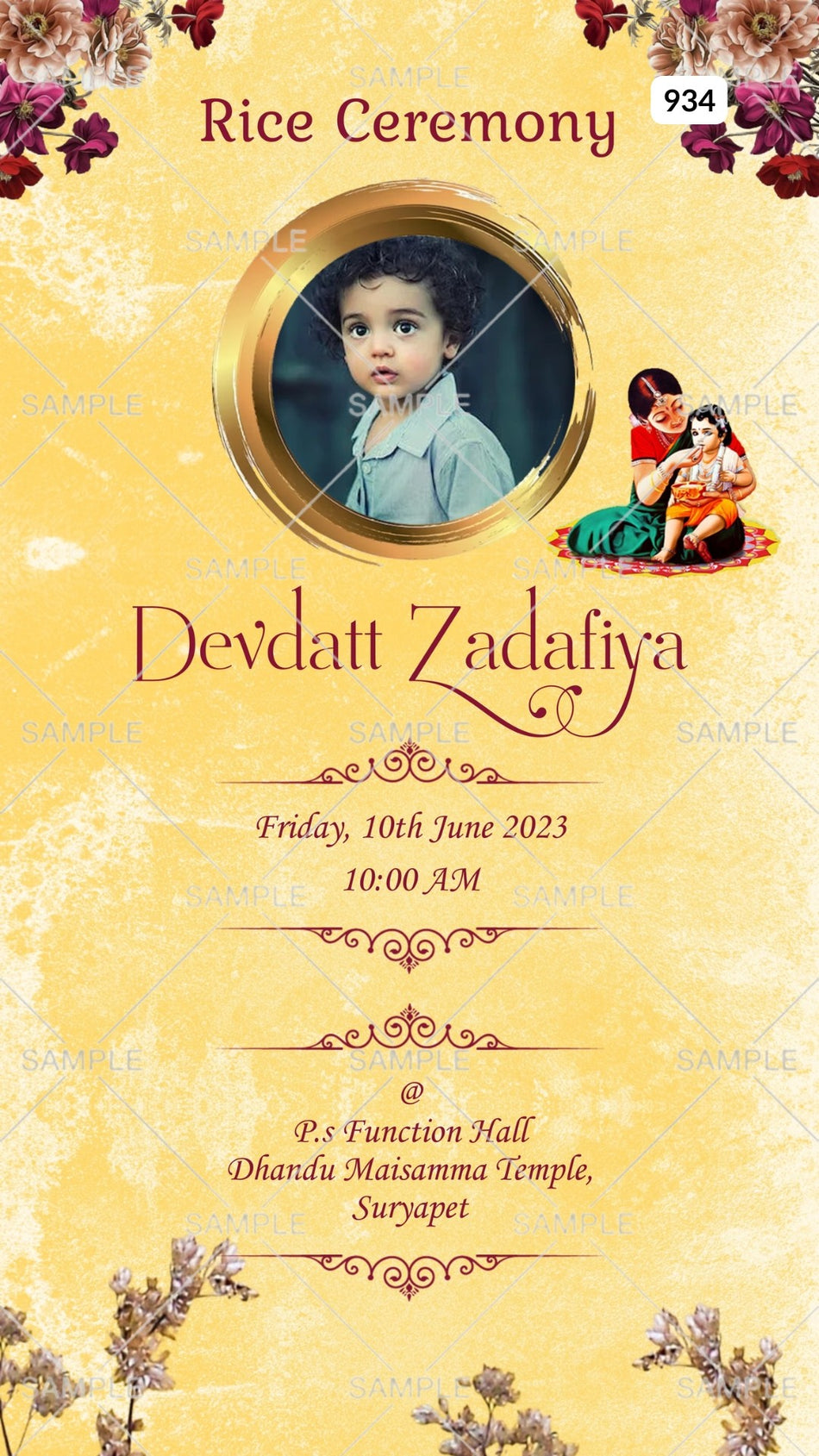 Annaprashan ceremony invitation card Canva Editable Template in english language with baby image, rice fedding doodle as minimalistic theme design 934