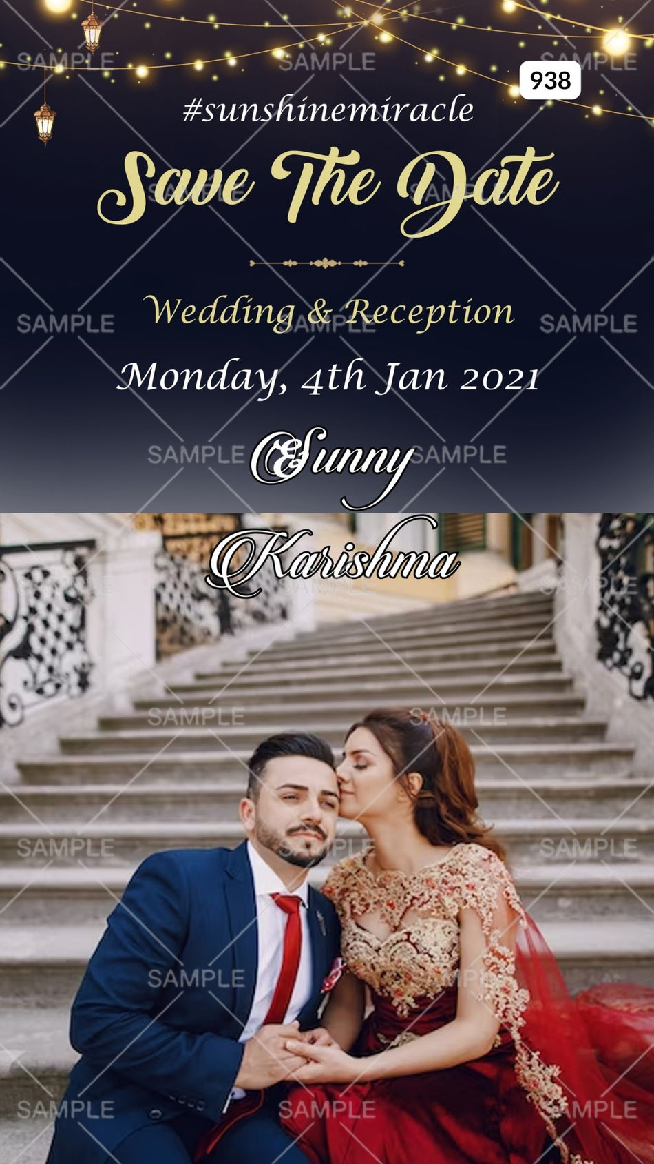 Save the Date card Canva Editable Template in english language with couple photo as night theme design 938