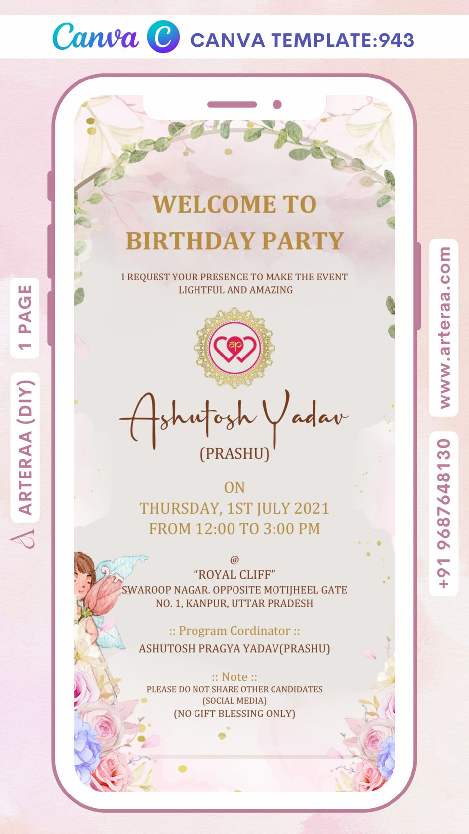Birthday party invitation Canva Editable video Template in English language with flowers, leaves as floral theme design 943
