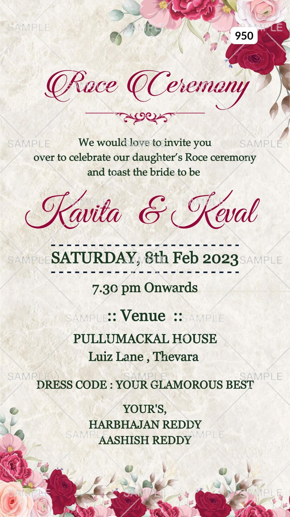 Roce ceremony invitation card Canva Editable Template in english language with flowers, leaves as floral theme design 950