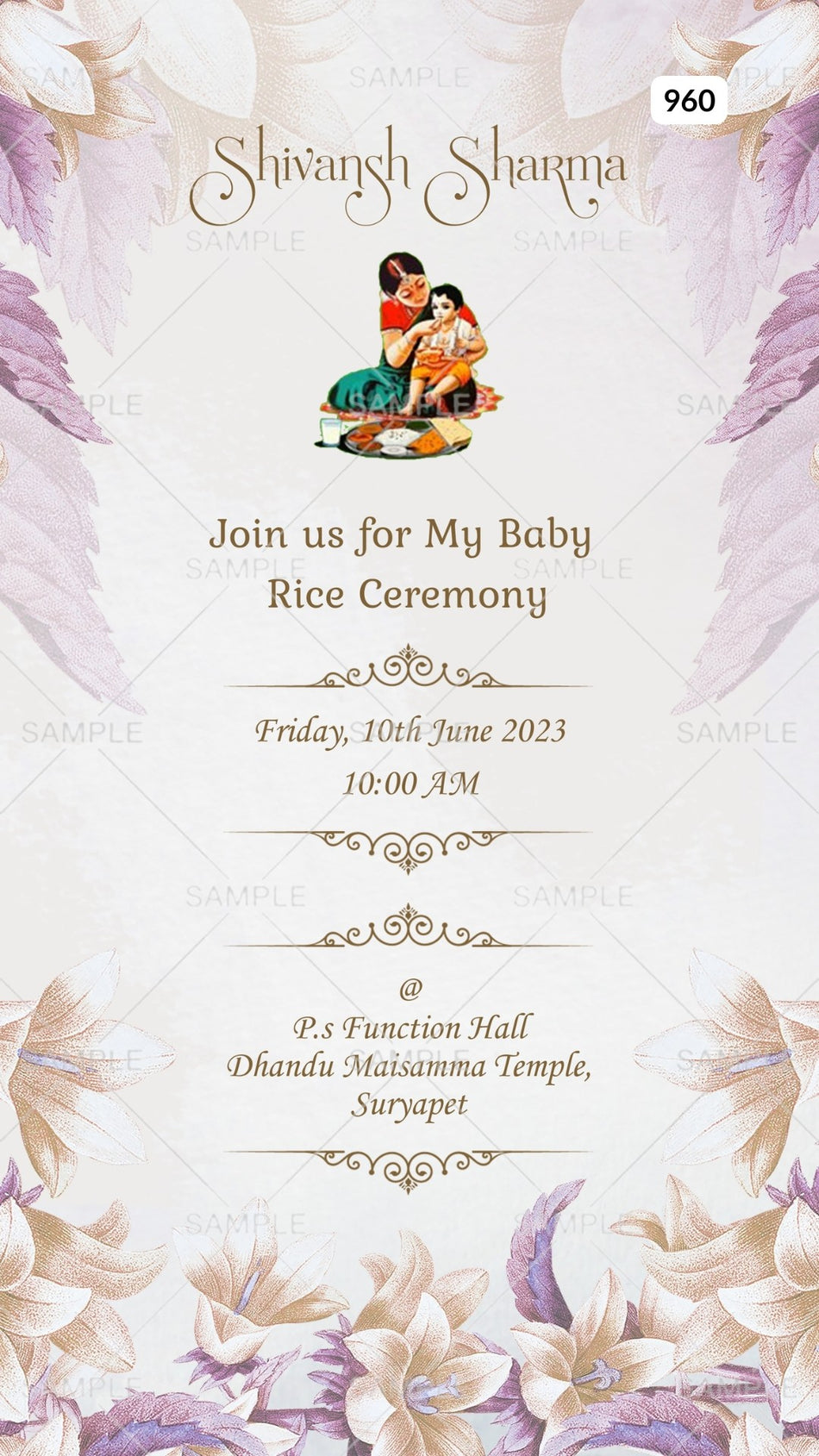 Annaprashan ceremony invitation card Canva Editable Template in english language with rice feeding doodle, leaves as floral theme design 960