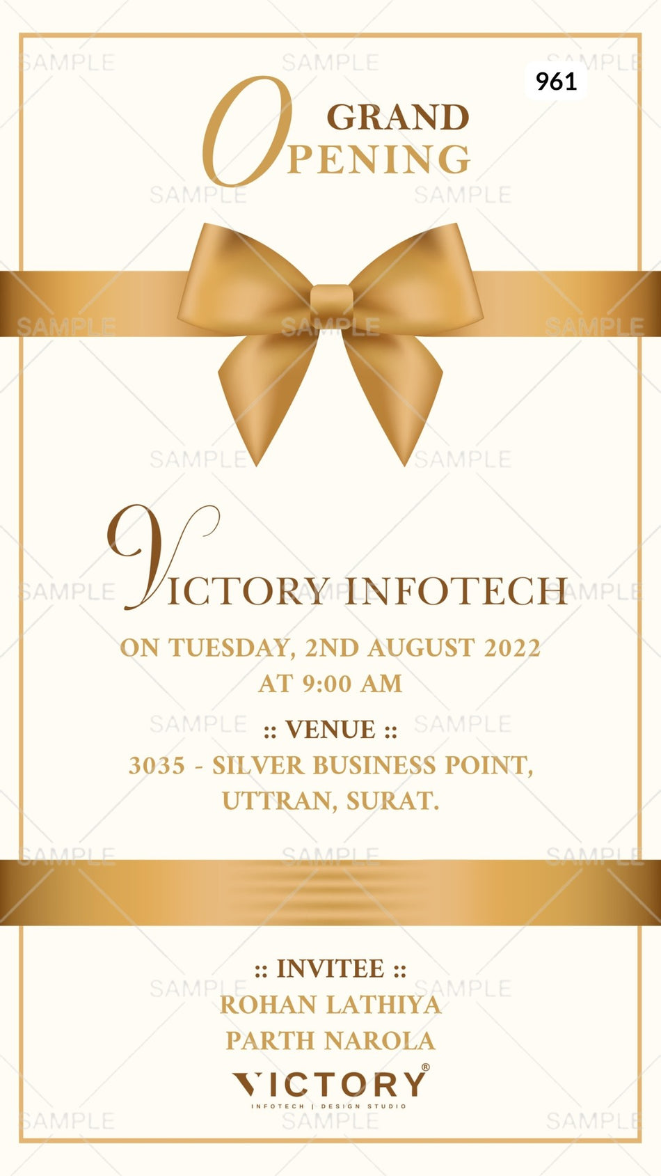 Opening invitation card Canva Editable Template in english language with ribin as minimalistic theme design 961